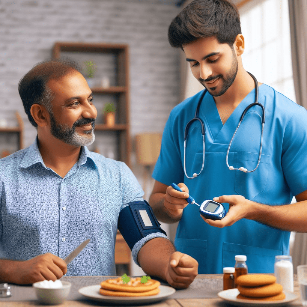 A doctor reviewing a blood sugar monitoring device with a diabetic patient during a clinic visit - Diabetic Patient Care at home in Gurgaon