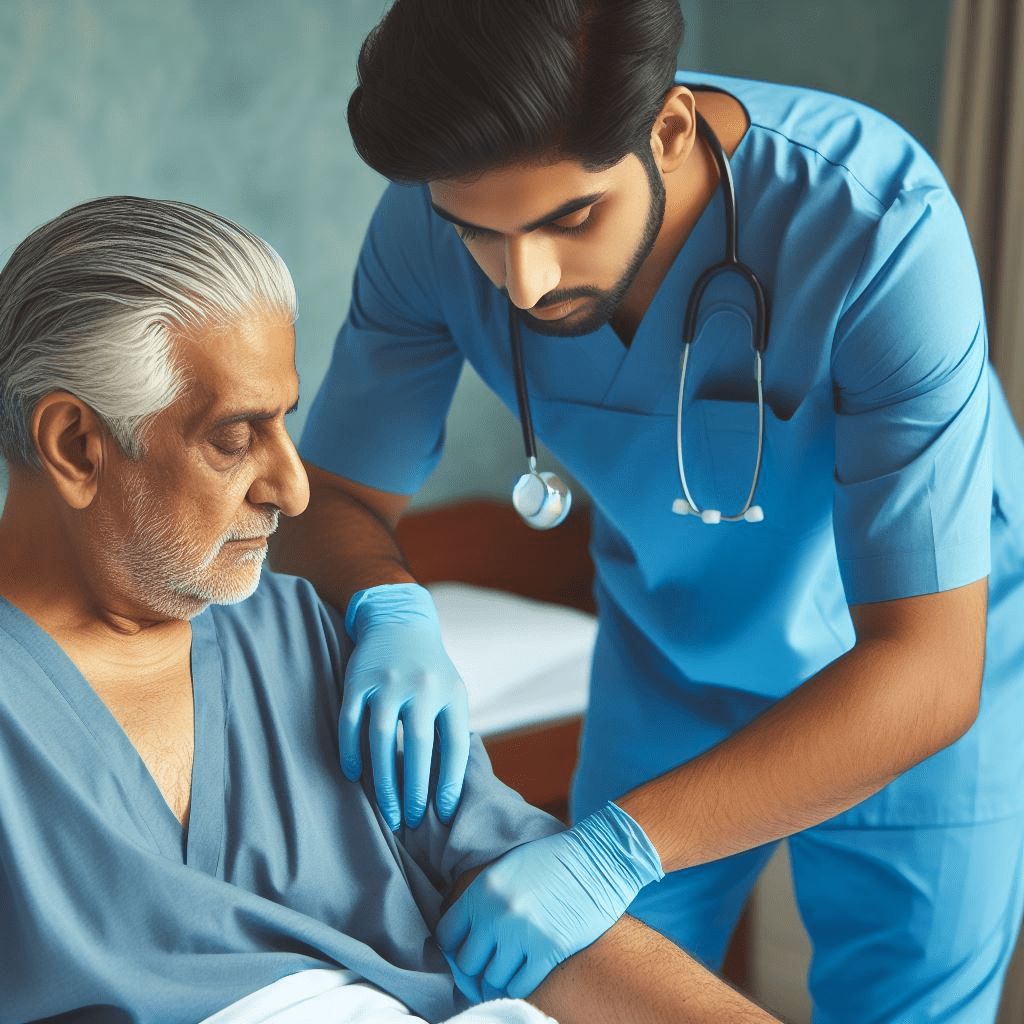 A registered nurse carefully changing a bandage on a patient's arm at home