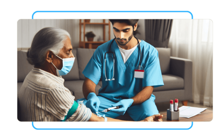 In-home diagnostic testing services, including blood draw, being performed by a healthcare worker in Gurgaon (Care With Fair Healthcare)