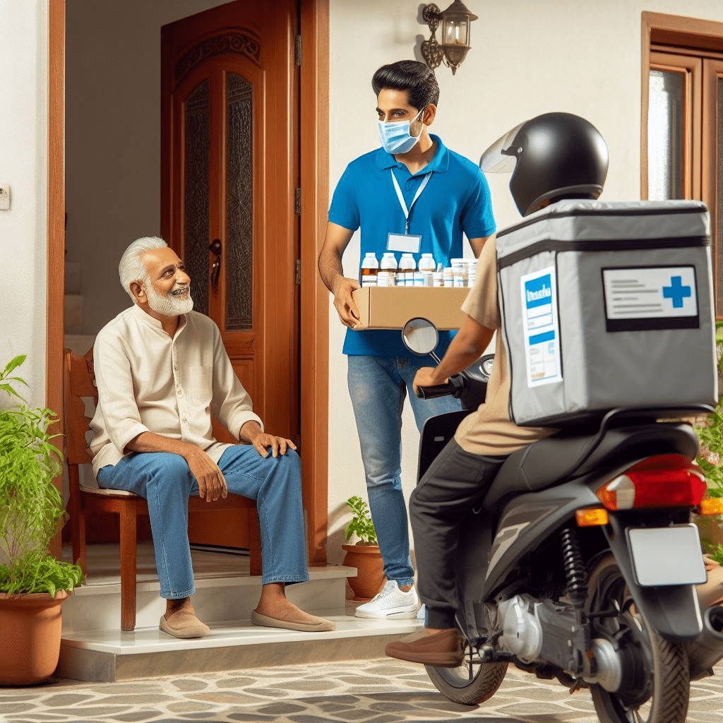 A selection of healthcare products on a table, including medicines, bandages, thermometers, and hygiene wipes