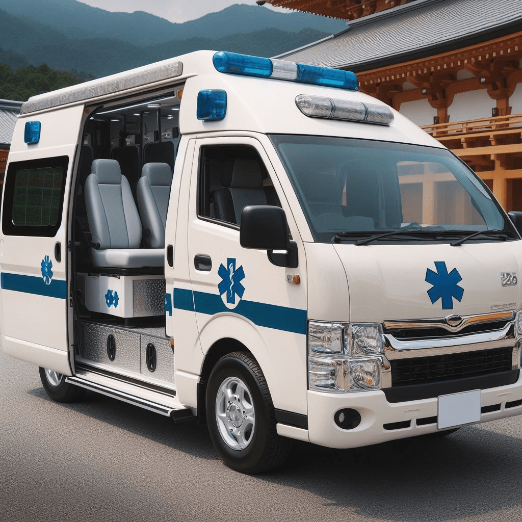 A clean and well-equipped ambulance parked outside a hospital building