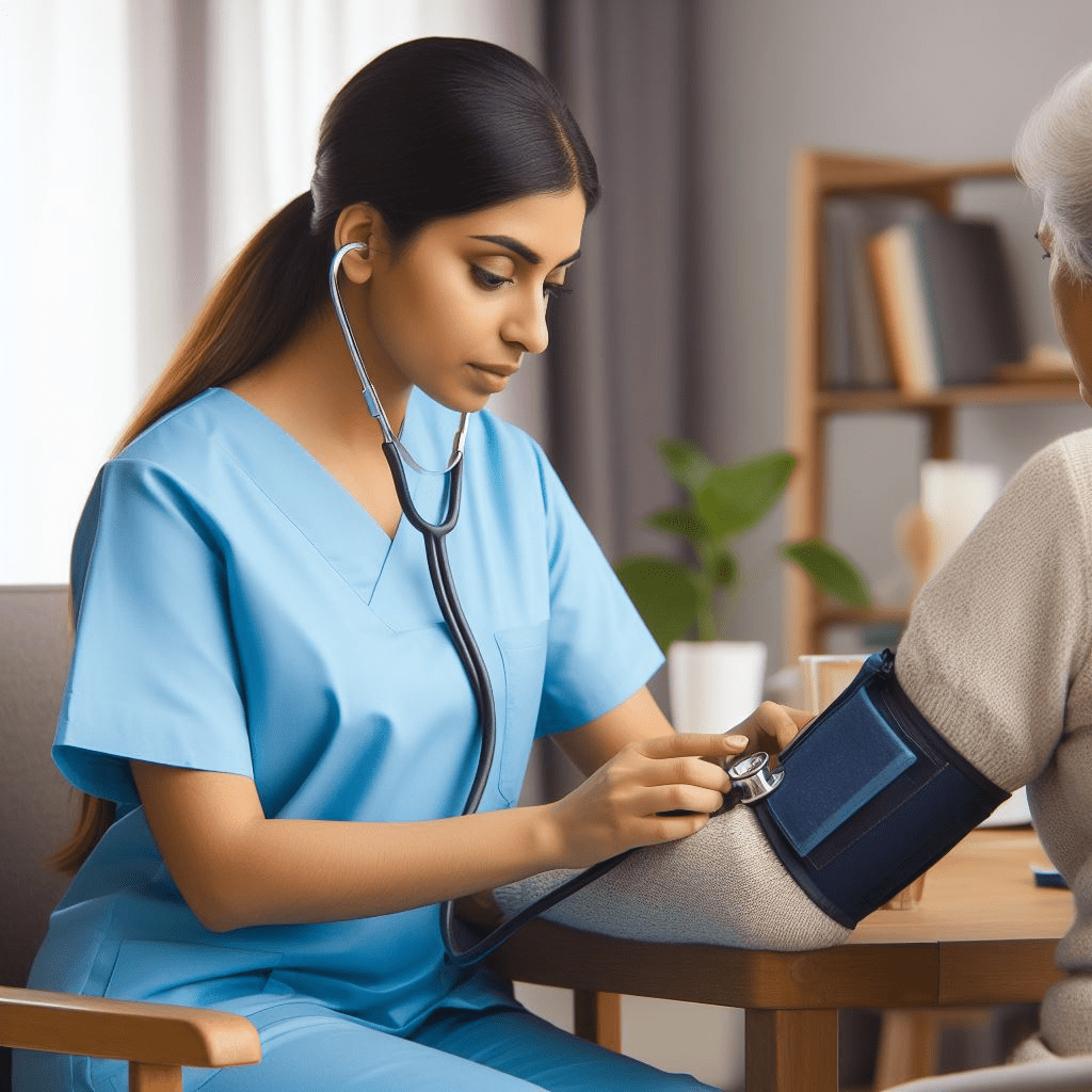 A team of nurses collaborating to provide comprehensive care for a patient at home. Our nursing services offer a personalized approach with qualified nurses who manage medications, monitor health conditions, and assist with daily living activities