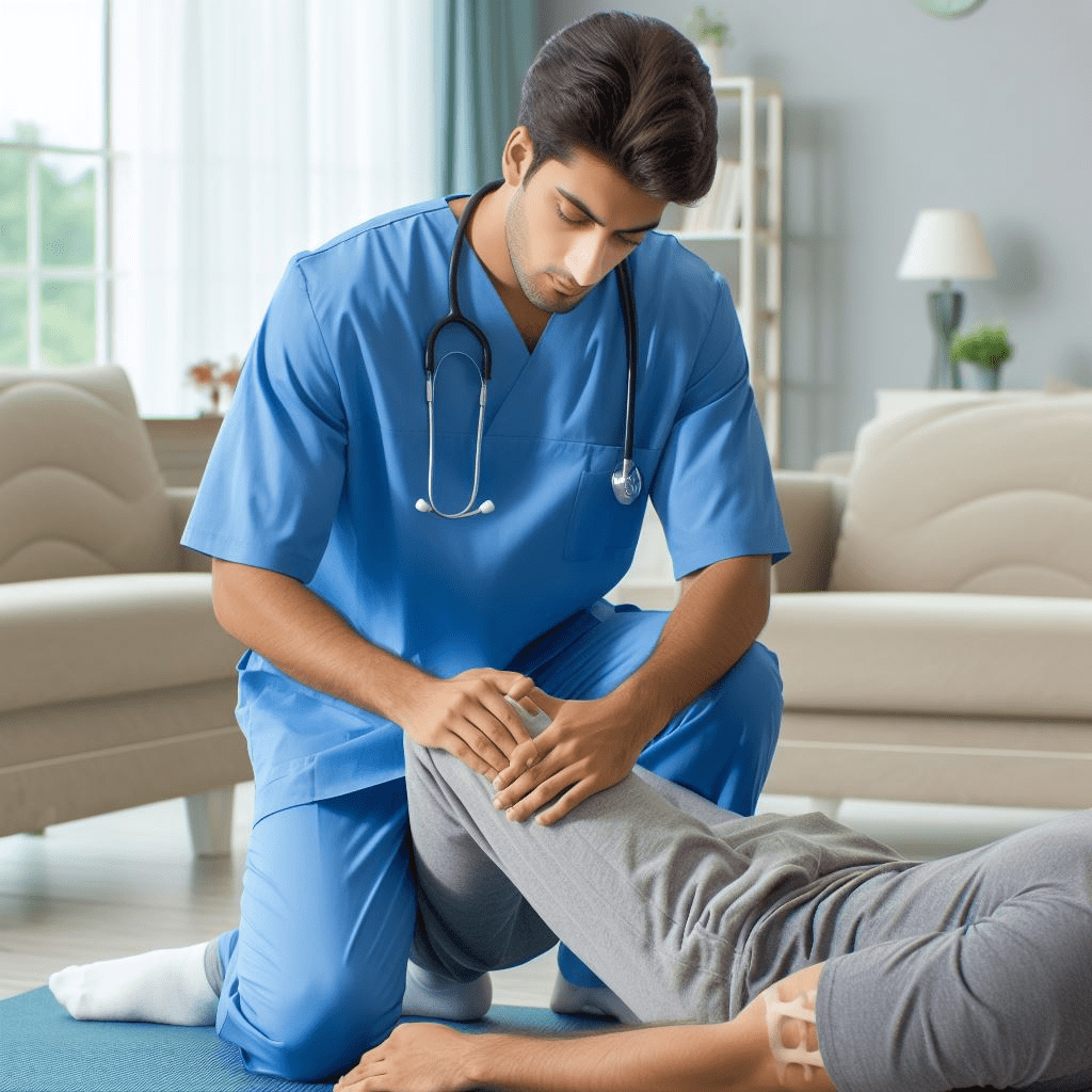 A physiotherapist working with a patient on leg strengthening exercises at their home - Ortho Care at Home in Gurgaon