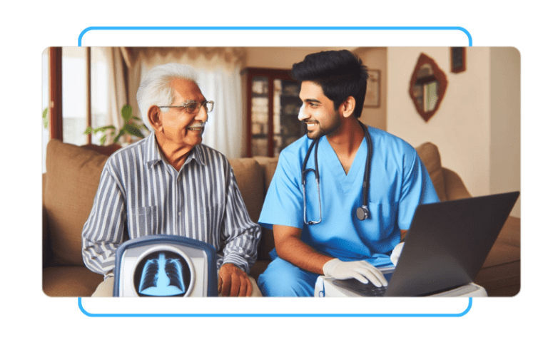 A healthcare professional using a portable X-ray machine to take an image of a patient's leg at home in Gurgaon (Care with Fair Healthcare)
