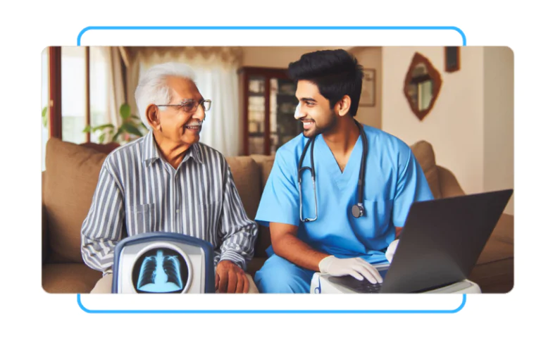 A healthcare professional using a portable X-ray machine to take an image of a patient's leg at home in Gurgaon (Care with Fair Healthcare)