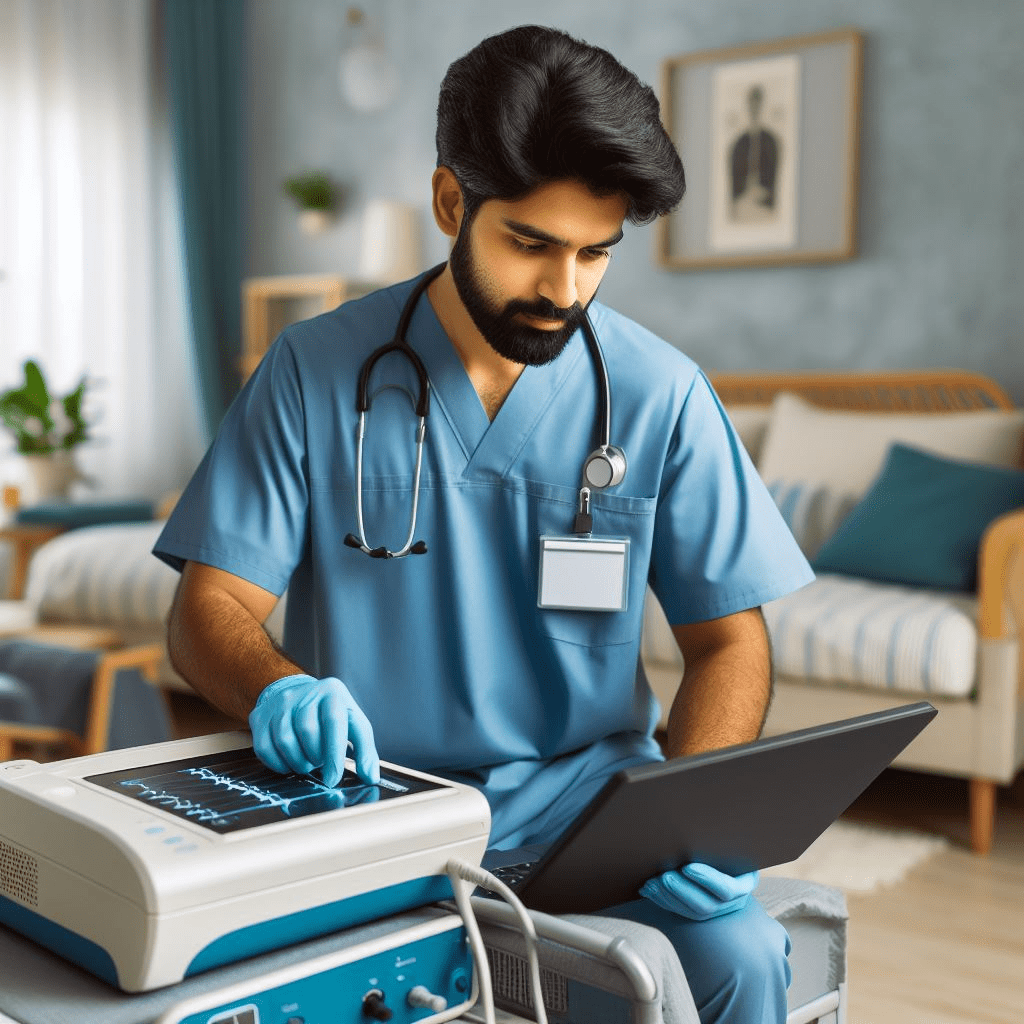 A qualified technician setting up a portable X-ray machine in a patient's home