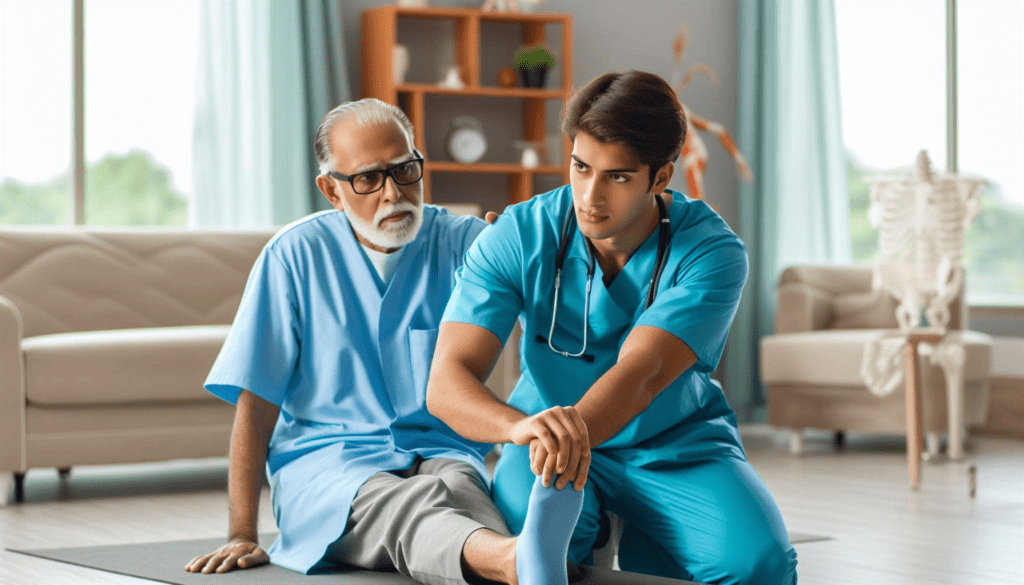 A physiotherapist helps a patient perform rehabilitation exercises safely and effectively in their home.