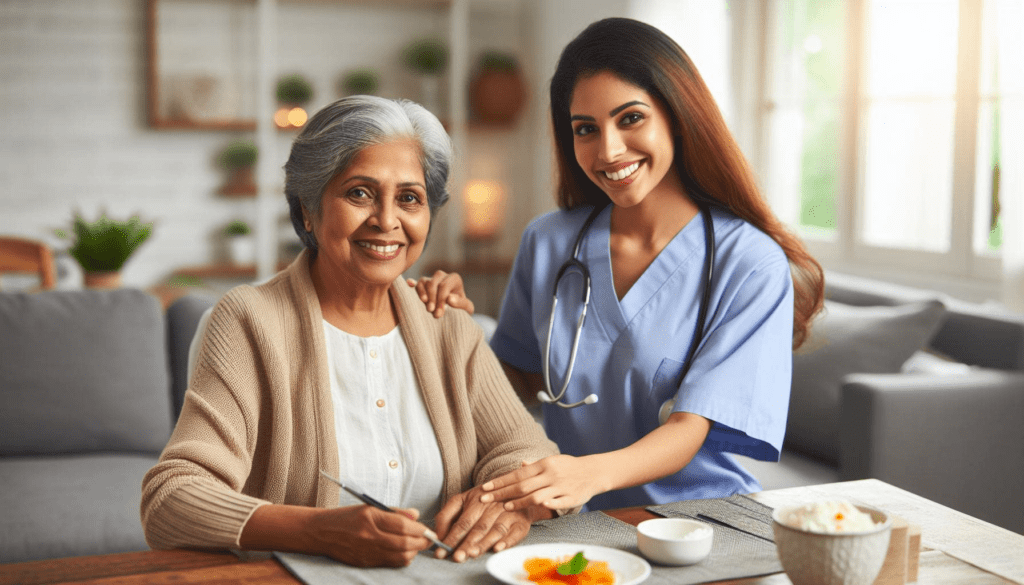 A compassionate caregiver provides in-home care and companionship to a happy senior citizen.